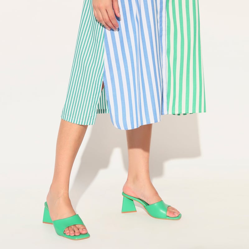 Blue Green Striped Panelled Cotton Midi Shirtdress