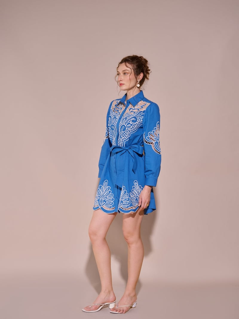 Blue Cutwork Belted Mini Shirt Dress