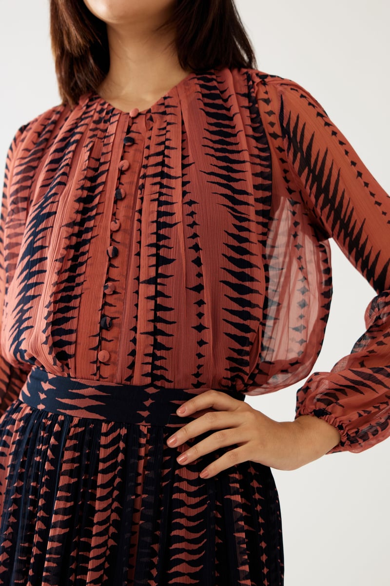 Pink And Dark Blue Pleated Top