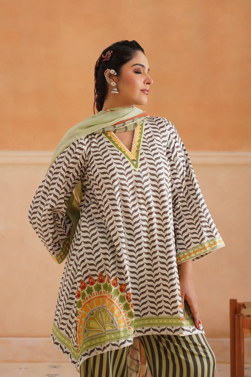 Green Chevron Print Kurta Set with Dupatta