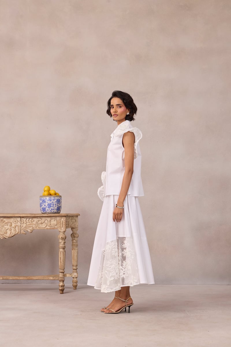 Bright White Sleeveless Shirt with 3D Rosette Detail