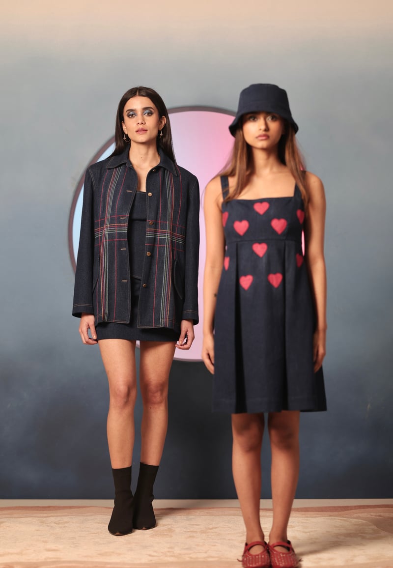 Blue Denim Square Neck Mini Dress with Heart Motif