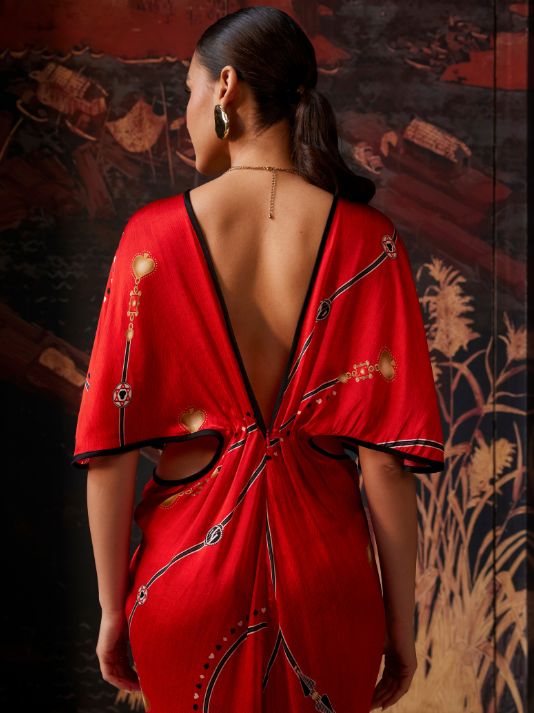 Red Cupro Satin Printed Maxi Gown with Waist Cut-Outs