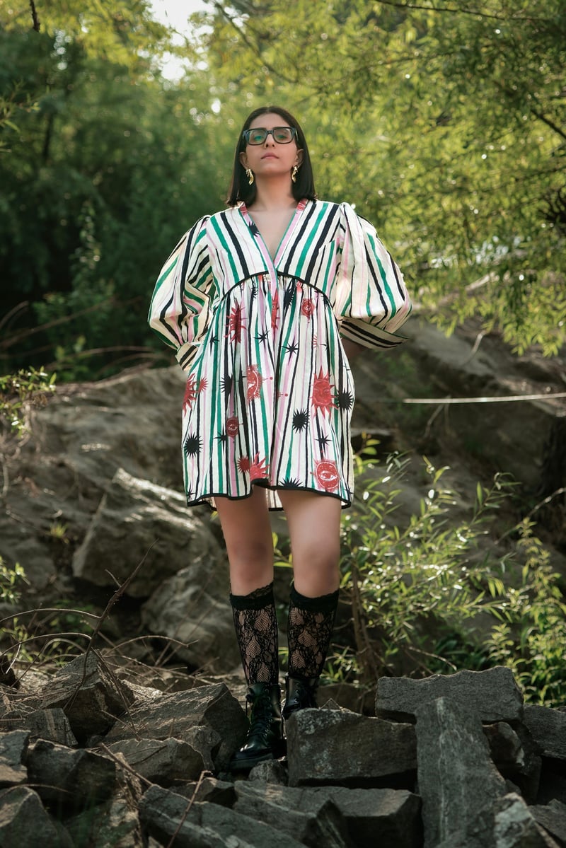 White/Green Striped Printed Puff Sleeve Mini Dress