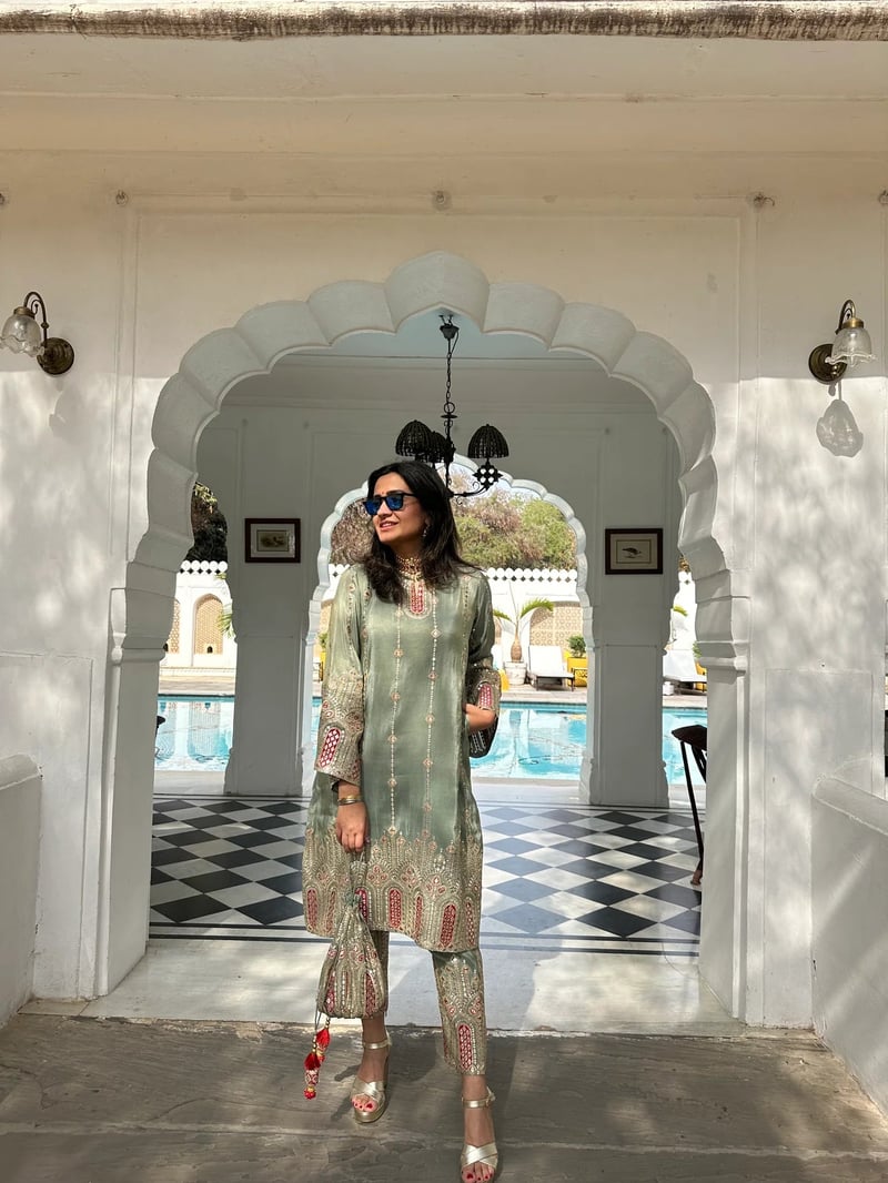Green Tissue Silk Mirror Work Kurta Set with Dupatta