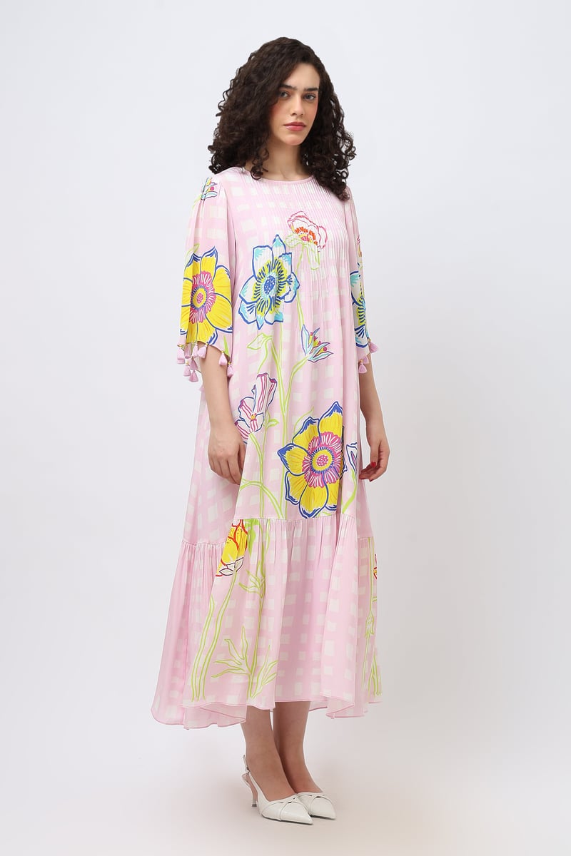 Pintuck Doodle Flare Sleeve Crepe Maxi — Jungle Marigold