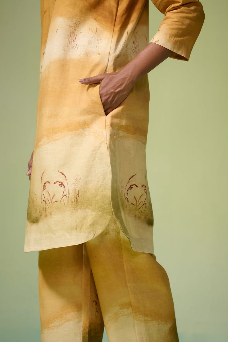 Beige Ochre Art Print Linen-Cotton Kurta Set