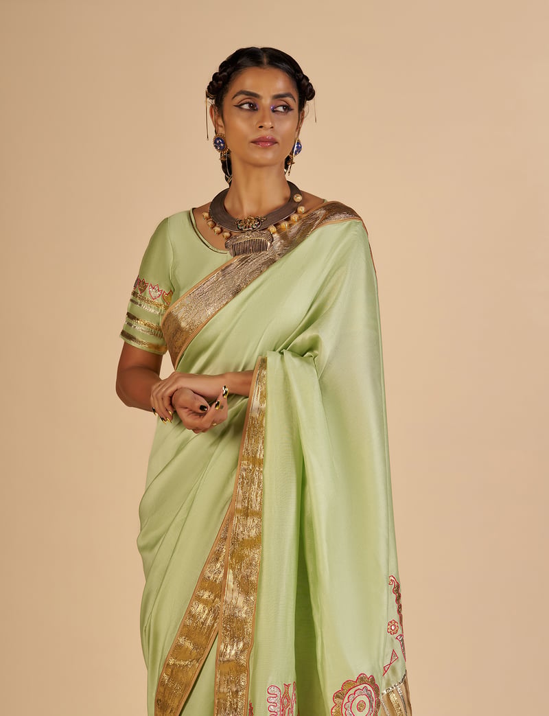 Pista Green Silk Chanderi Saree with Gota Border