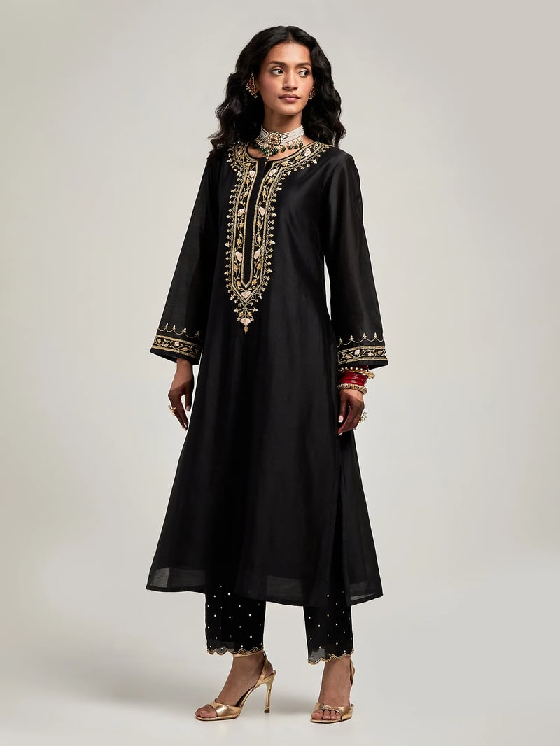 Black Silk Chanderi Embroidered Kurta Set with Pants