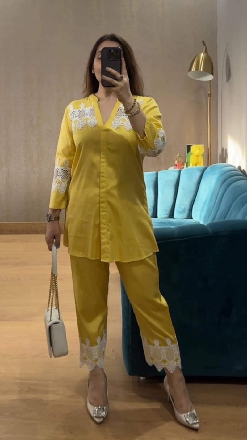 Lemon Cotton Lace Shirt and Pant Co-ord Set