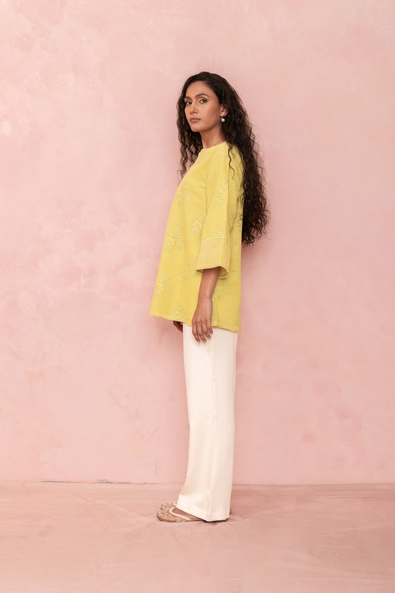 Yellow Cotton Tunic Top with Tonal Embroidery
