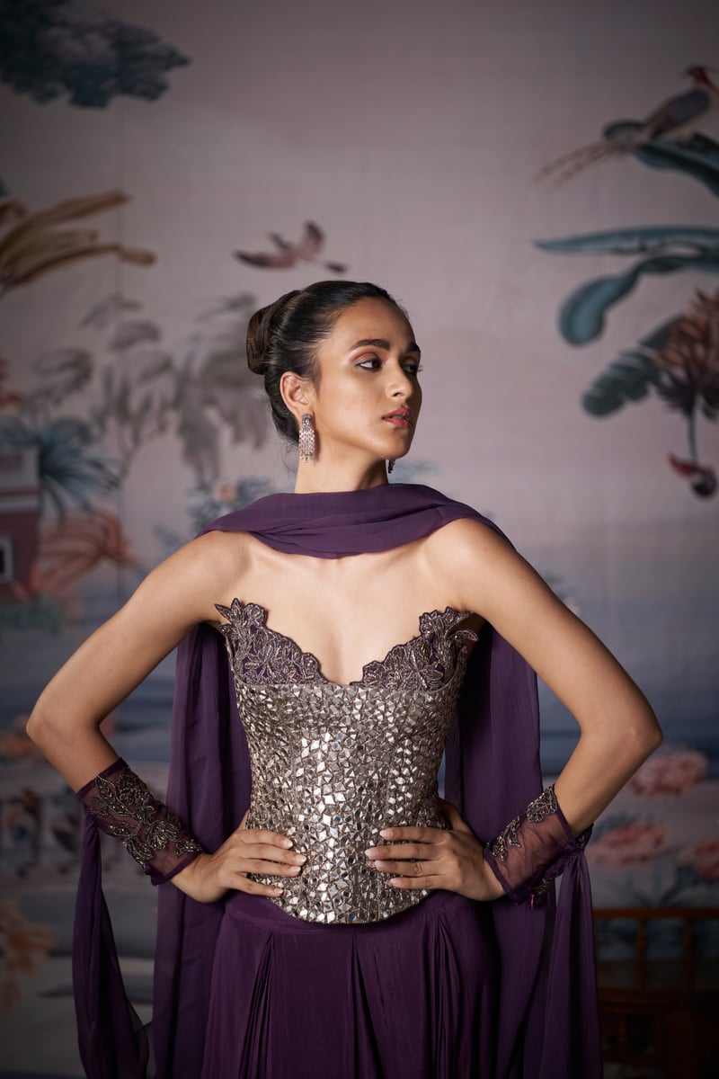 Purple Mirror-Work Corset Lehenga Set with Dupatta