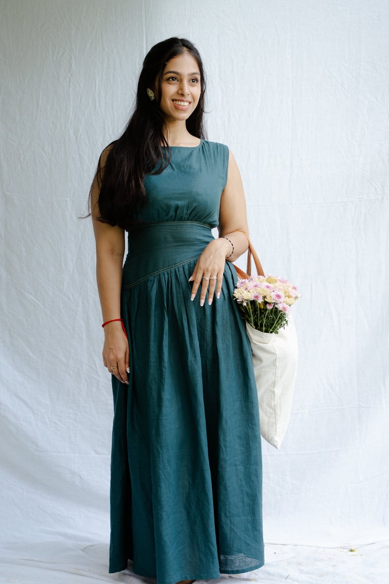Bottle Green Linen Backless Fit and Flare Maxi Dress — AARI