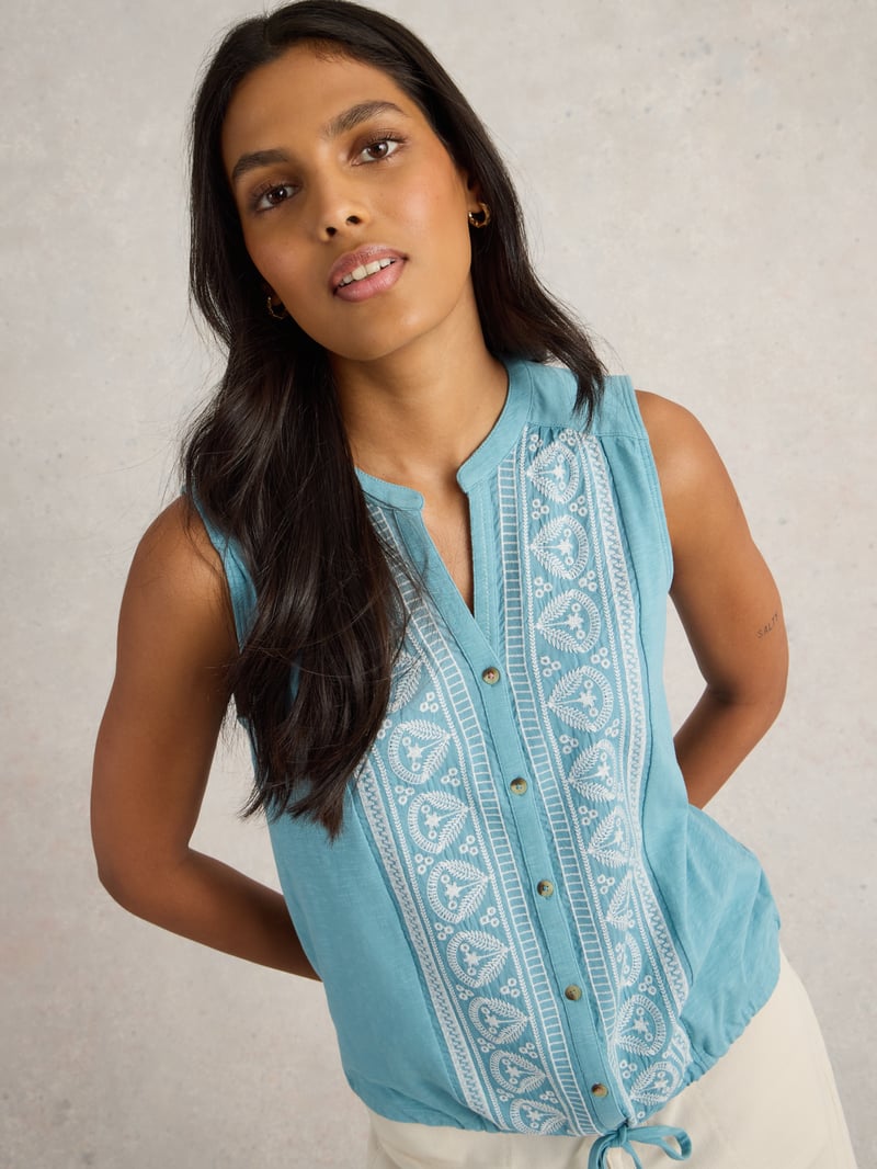 Mid Blue Sleeveless Embroidered Shirt with Hem Tie