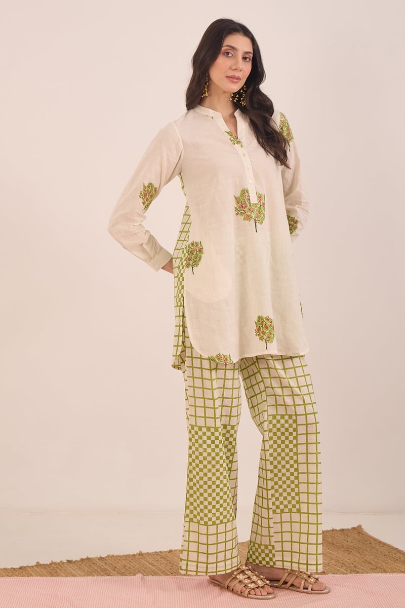 Ivory Tunic and Olive Check Wide-Leg Pants Co-ord Set