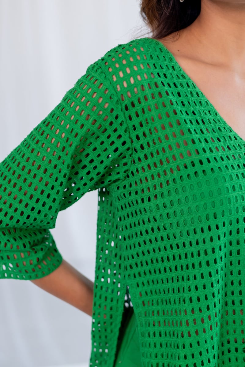 Emerald Green Schiffli Cutwork Kurta Set with Pants