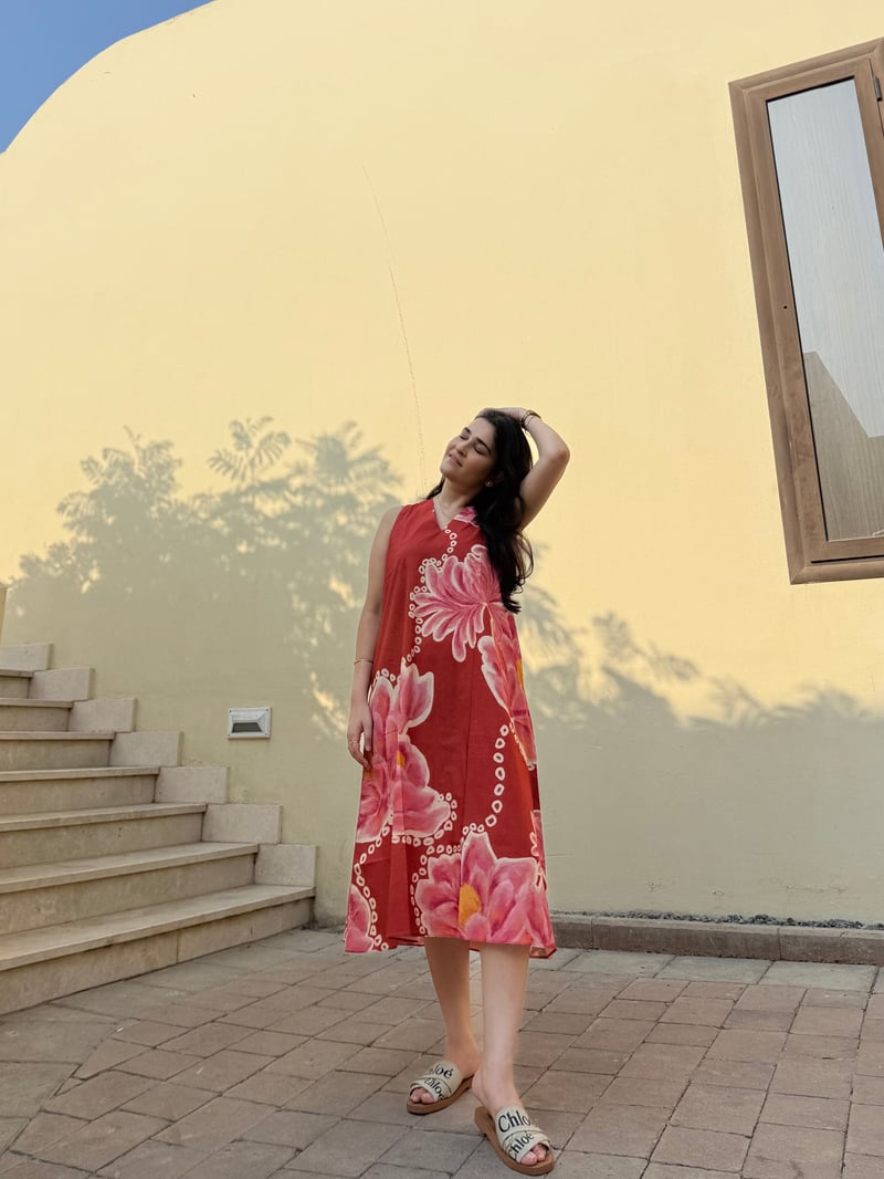 Red/Pink Floral Printed Sleeveless Midi Dress
