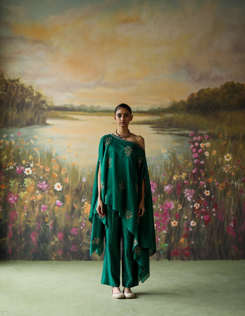 Emerald Green One-Shoulder Kaftan Co-ord Set