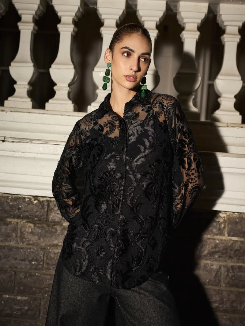 Black Sheer Mesh Button-Down Shirt with Velvet Jacquard