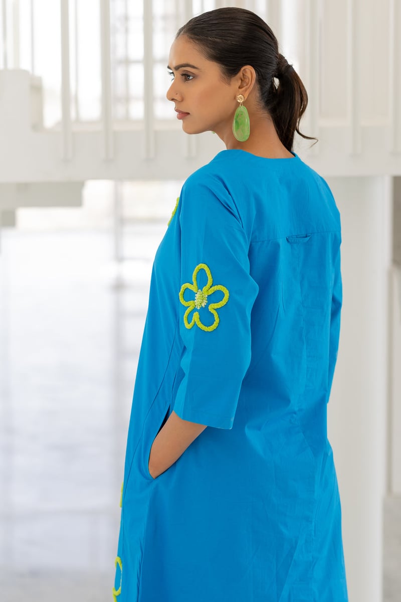 Blue Floral Cord-Embroidered Kurta Set with Pants