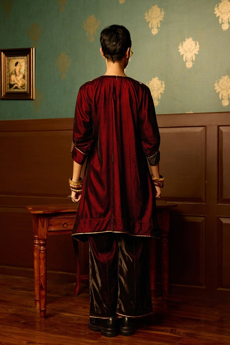 Maroon Velvet A-Line Kurta and Palazzo Set