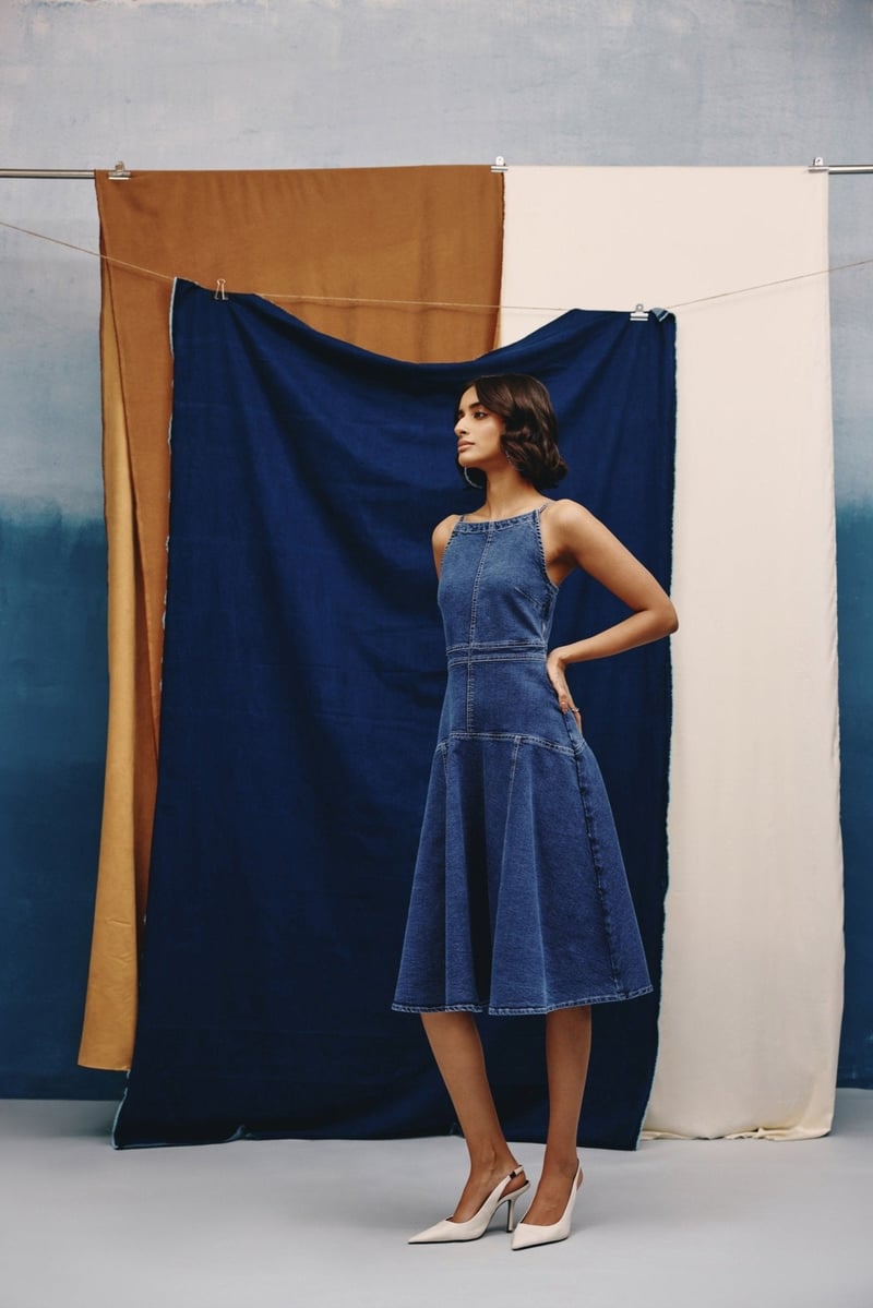Mid Blue Denim Halter Neck Fit and Flare Midi Dress