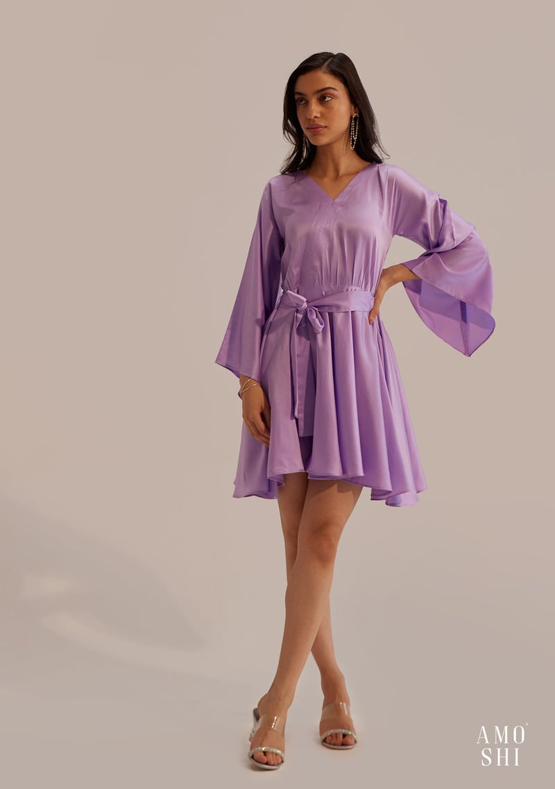 Lilac Satin Fit and Flare Mini Dress with Belt