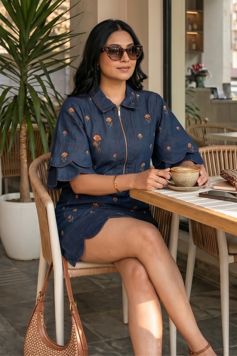 Blue Denim Embroidered Shift Mini Dress with Front Zip