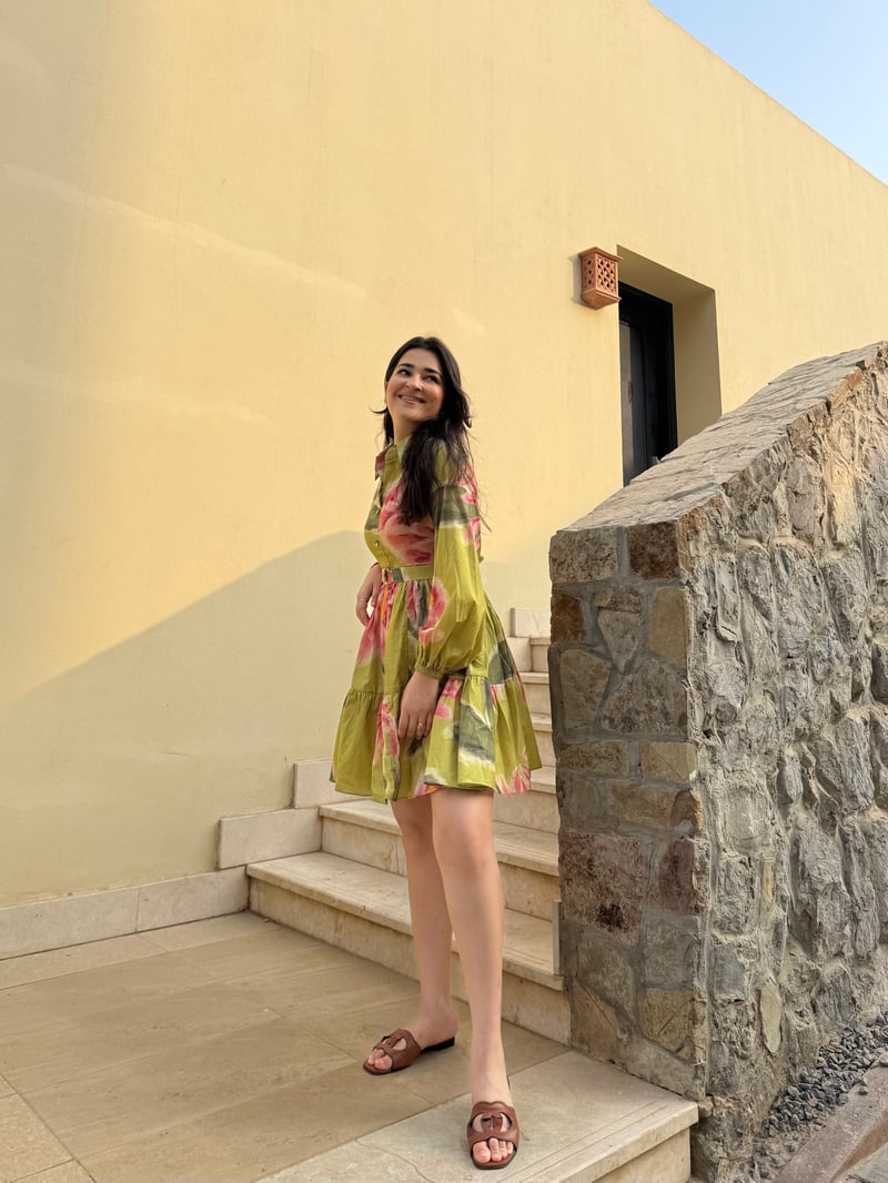 Olive/Pink Floral Mini Shirt Dress with Self Belt