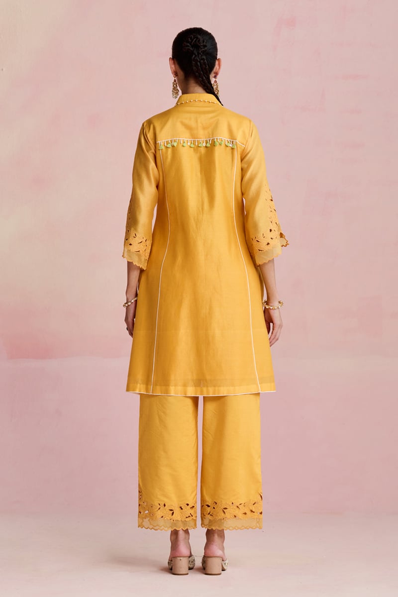 Yellow Chanderi Embroidered Kurta Set with Cutwork Hem