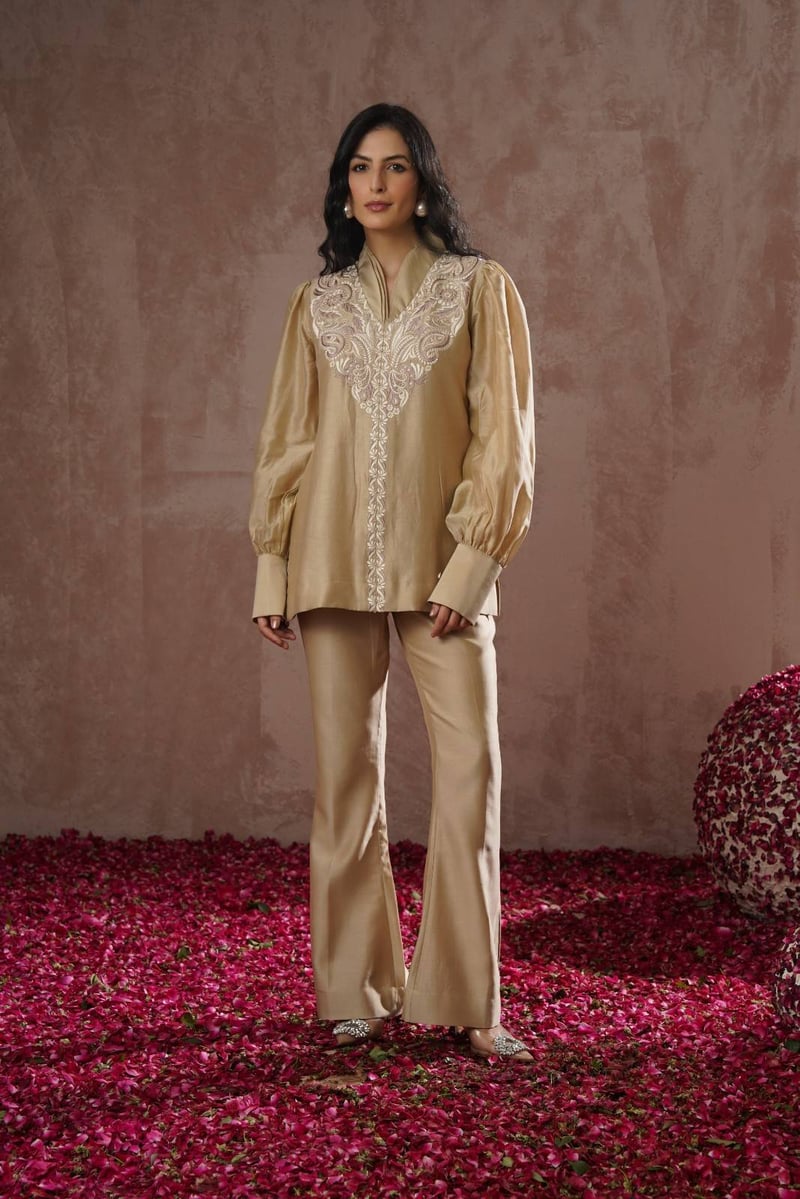 Beige Chanderi Silk Embroidered Co-ord Set — Simar Tuli