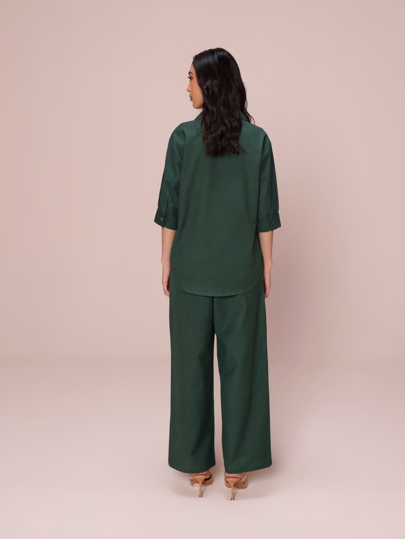 Forest Green Linen Blend Shirt and Pants Co-ord Set