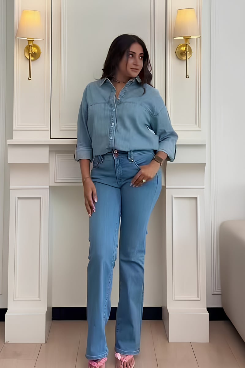 Medium Wash High-Rise Flared Jeans