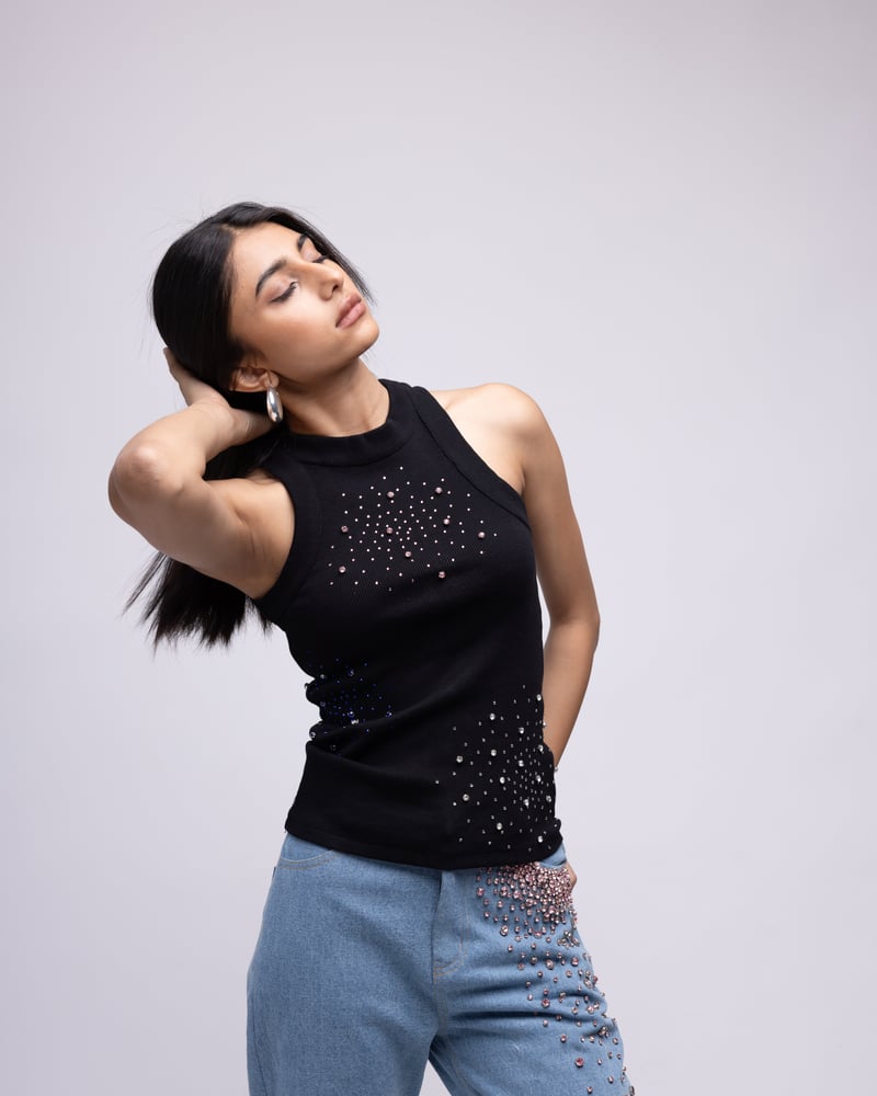 Black Ribbed High Neck Rhinestone-Embellished Tank Top