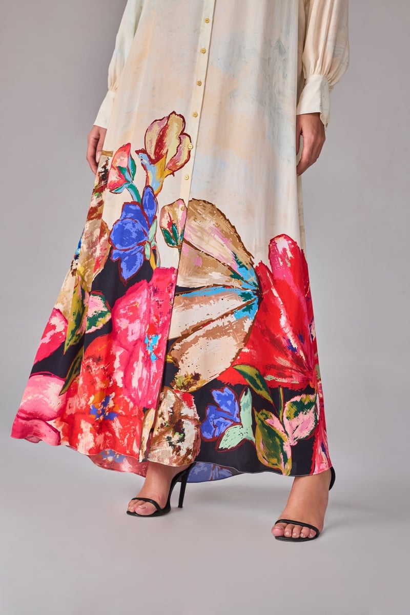 Multi Crepe Floral Placement Print Maxi Shirt Dress