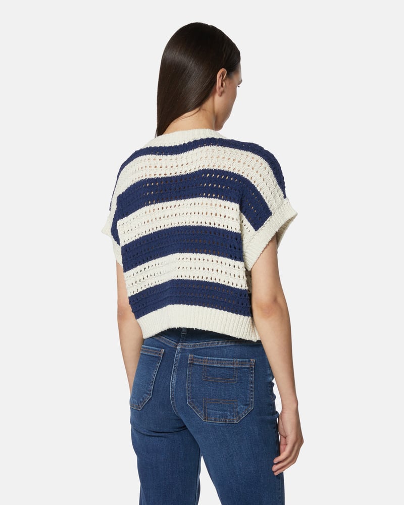 Cropped Navy and Off-White Striped Openwork Cardigan