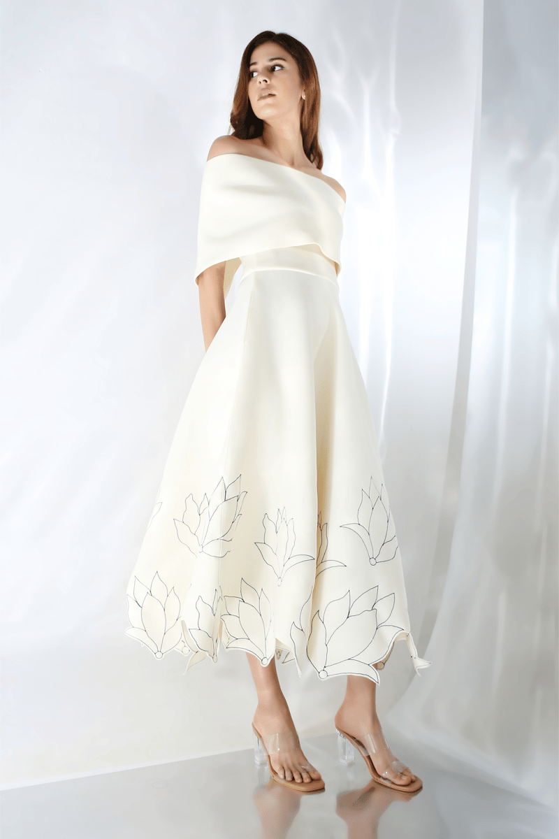 Off White Fit and Flare Midi Dress with Wrap