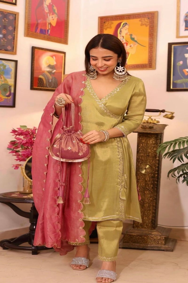 Meadow Green Tissue Angrakha Kurta Set with Narrow Pants