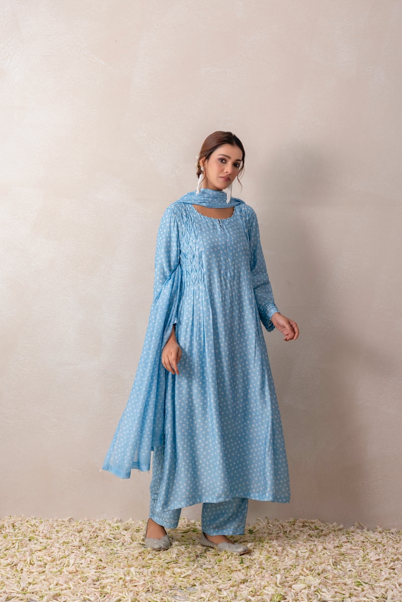 Pastel Blue Bandhani Print Straight Kurta Set with Smocking