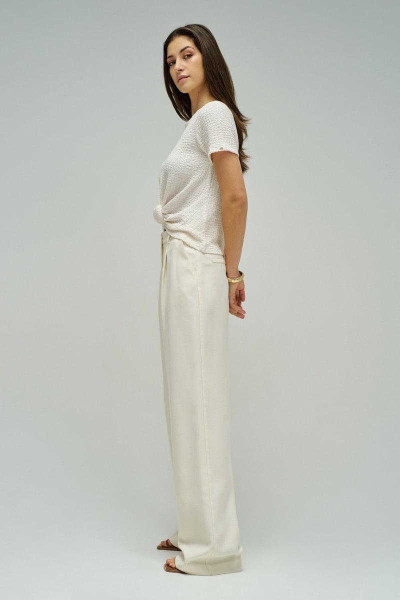 White Textured Knot-Front Round Neck T-Shirt