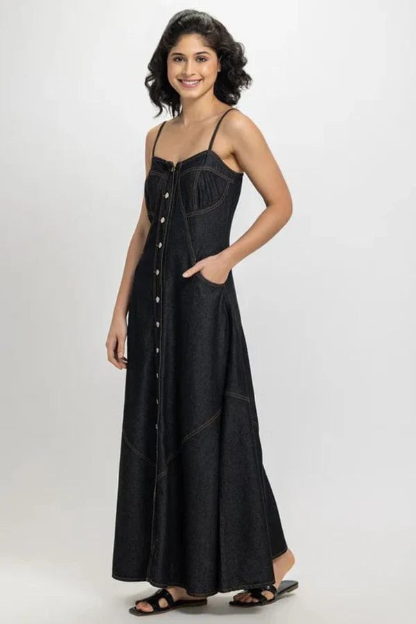 Blue Denim Button-Down A-Line Maxi Dress