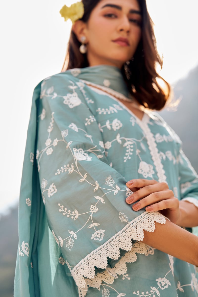Blue Cotton Embroidered Kurta Set with Dupatta