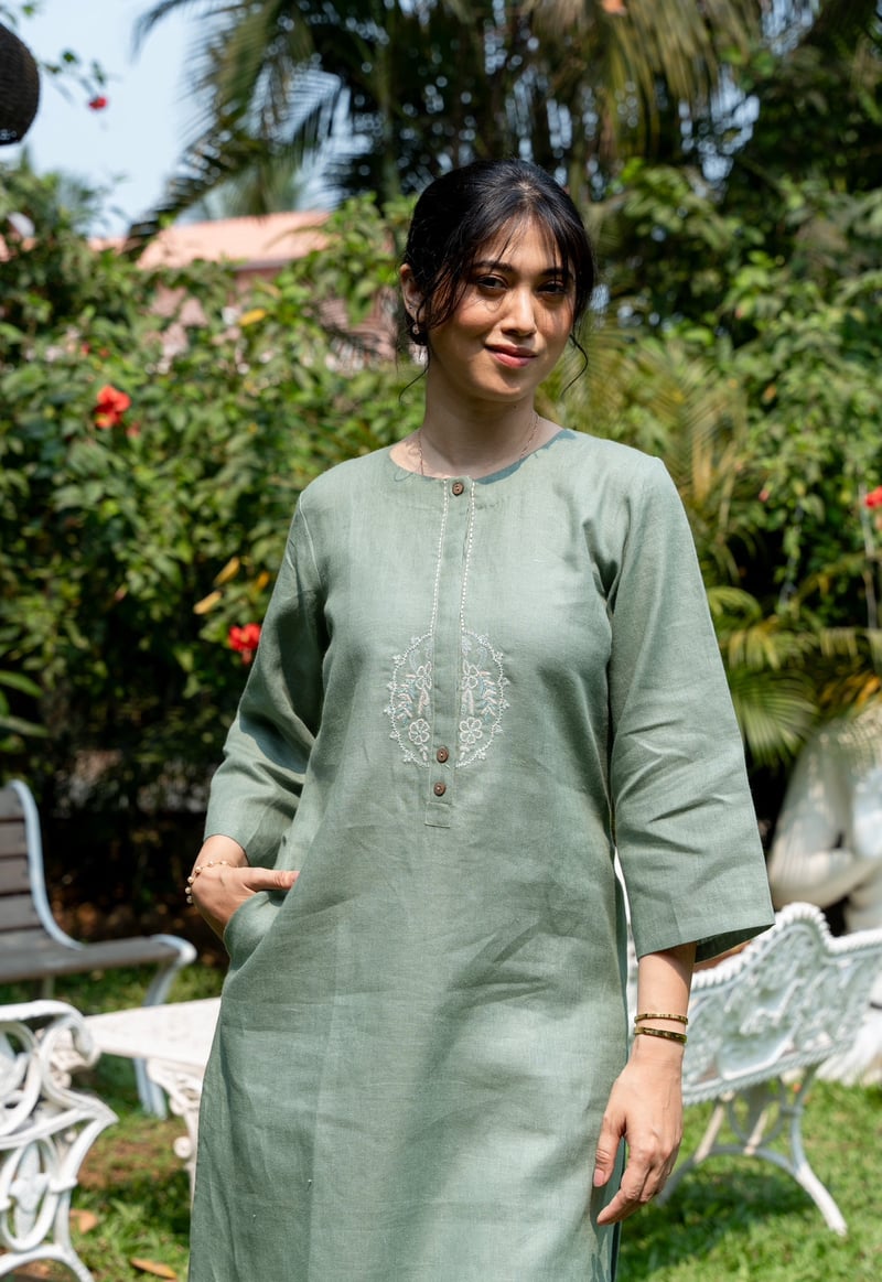 Moss Green Linen Straight Kurta Set with Embroidered Placket