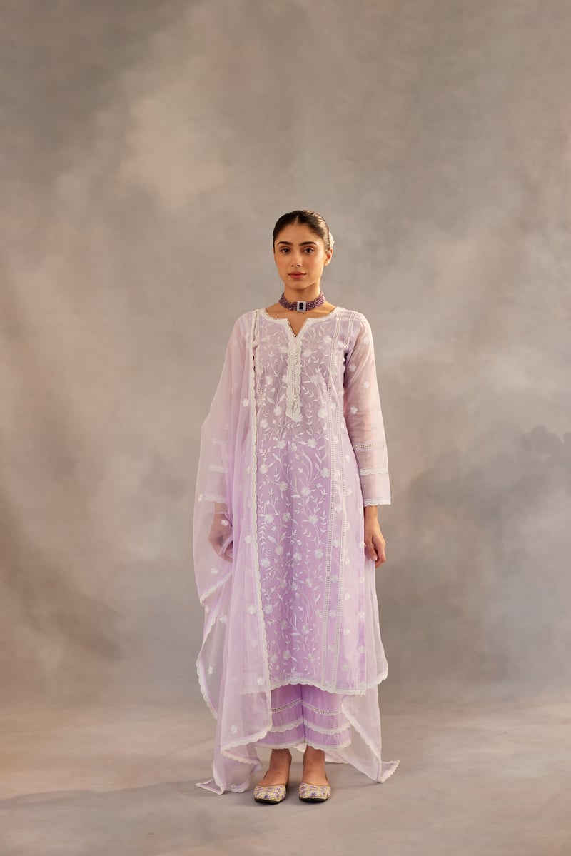 Lavender Embroidered Chanderi Suit Set with Organza Dupatta