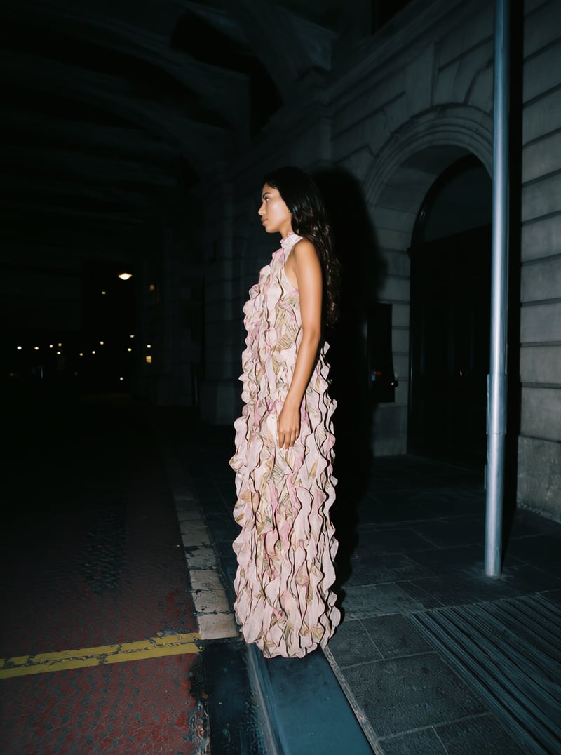 Pink Floral Chiffon Ruffle Maxi Gown