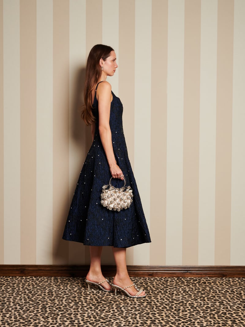 Navy Floral Jacquard Fit and Flare Midi Dress