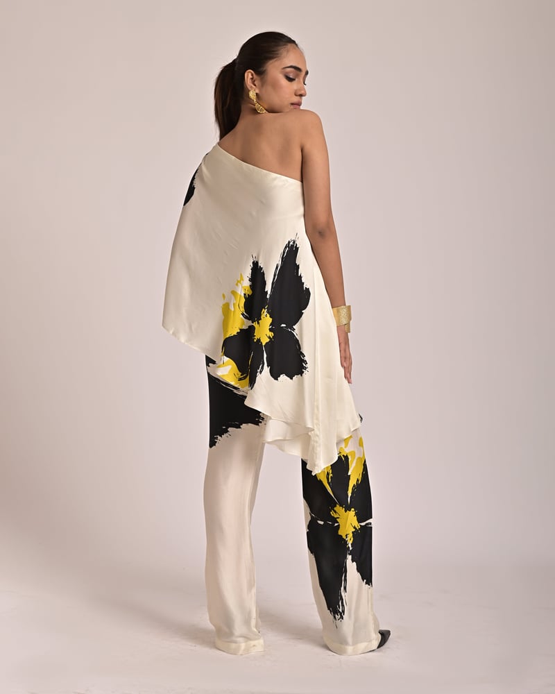 High-Waist Abstract Floral Printed Satin Straight Pants
