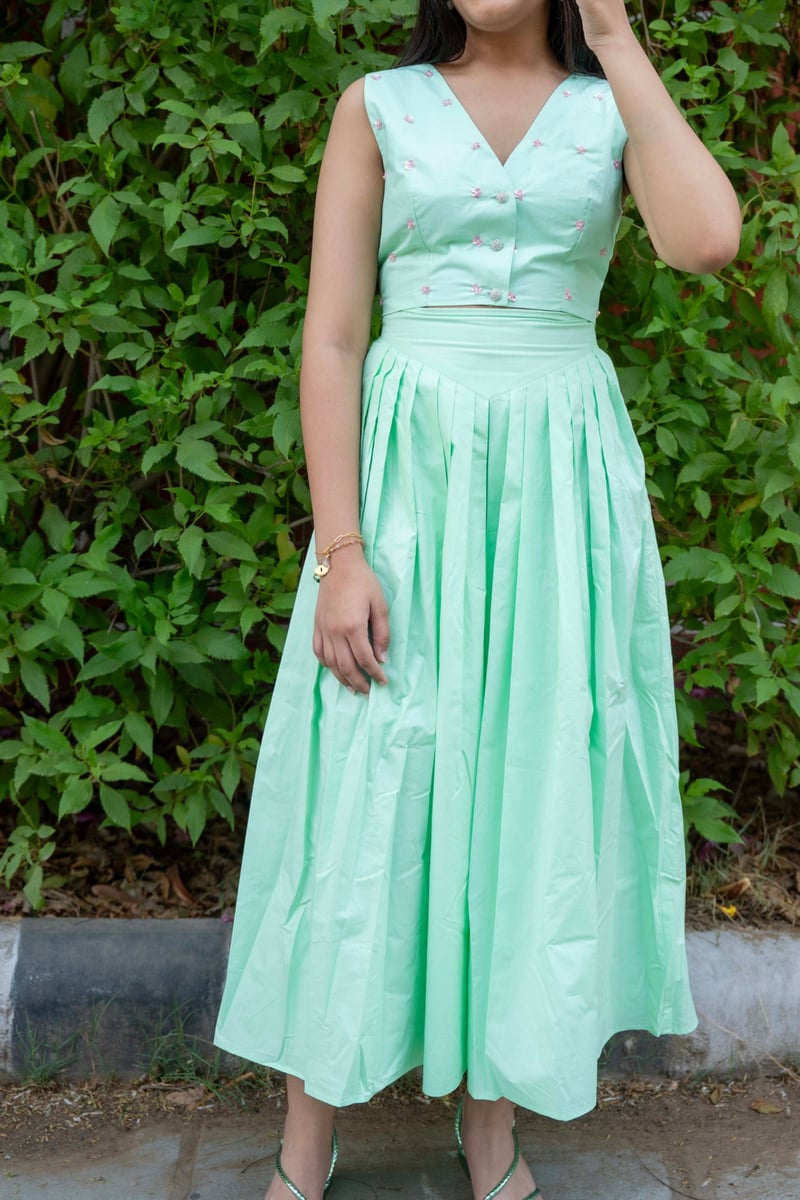 Mint Green Sequin Top and Pleated Midi Skirt Co-ord Set