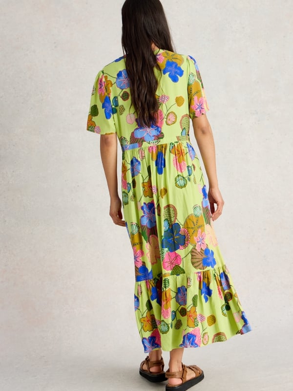 Green Floral Button-Through Tiered Midi Dress