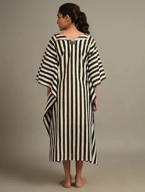 Black and White Striped Cotton Midi Kaftan